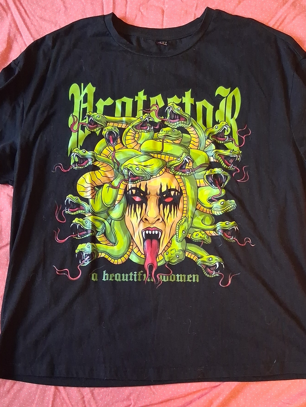 Black Tee with Neon Green Medusa Snake Graphic, Shein, Oversized Medium